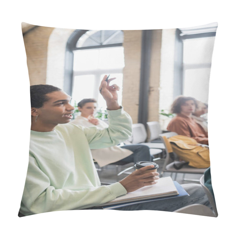 Personality  African American Student With Coffee To Go And Raised Hand Asking Question During Lecture In University Pillow Covers