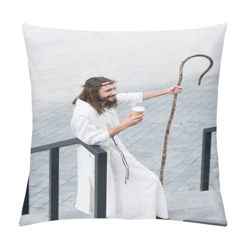 Personality  High Angle View Of Jesus In Robe And Crown Of Thorns Holding Disposable Coffee Cup And Staff On Street Pillow Covers