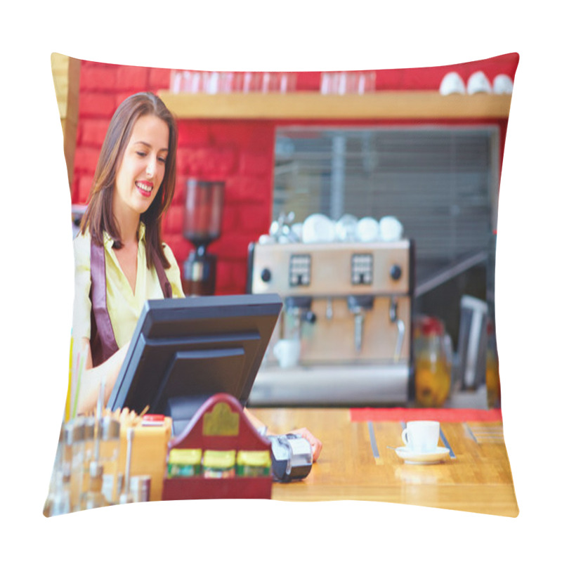 Personality  Young Female Cashier Operating At The Cash Desk In Cafe Pillow Covers