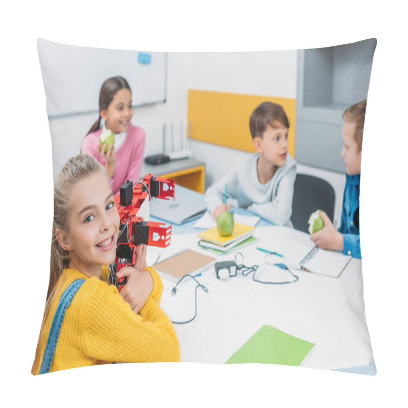 Personality  Happy Schoolgirl Holding Robot Model While Classmates Eating Apples On STEM Project In Classrom Pillow Covers