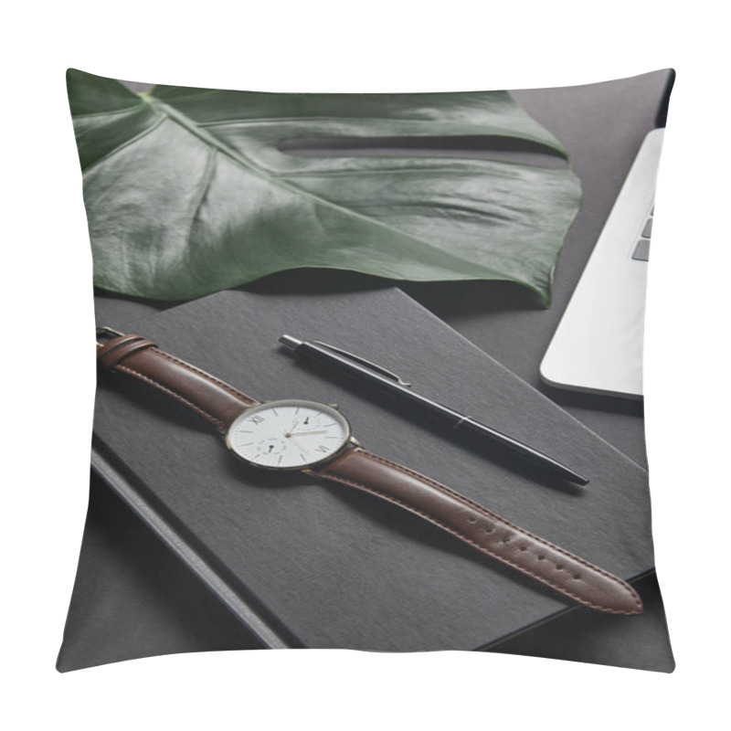 Personality  Notebook With Pen And Watch By Laptop On Black Background Pillow Covers