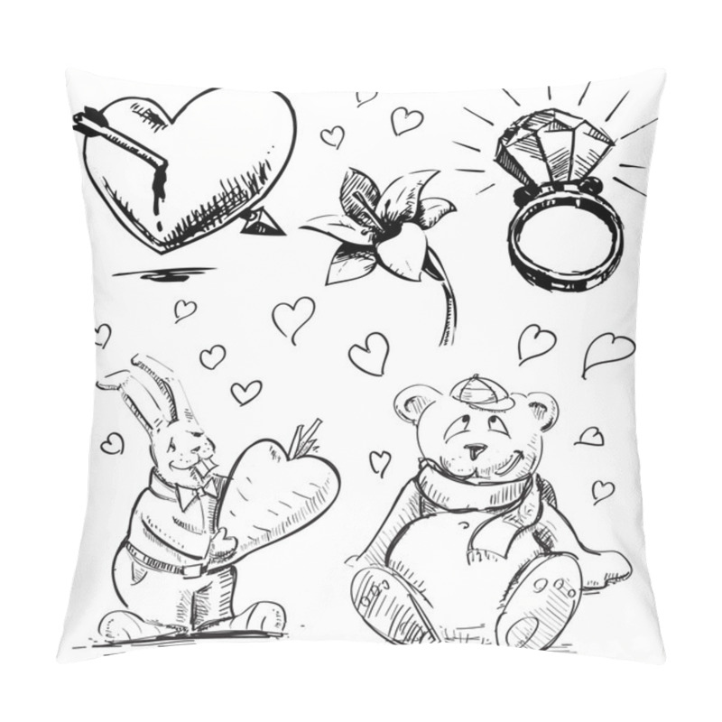 Personality  Romantic Characters And Objects Set. Hand Drawing Sketch Vector Illustration Pillow Covers