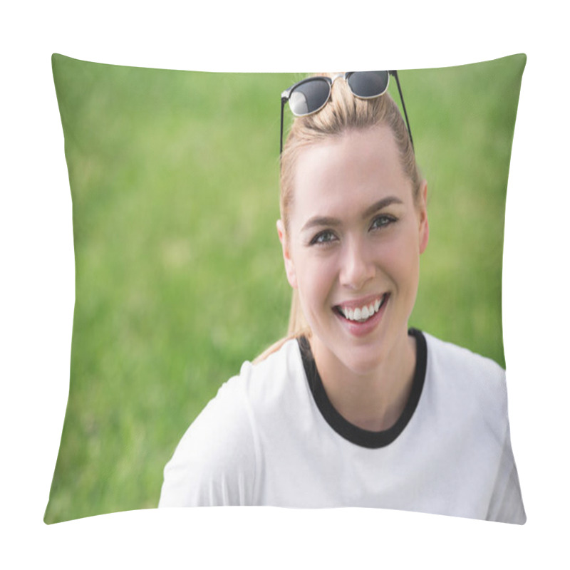 Personality  Portrait Of Beautiful Blonde Girl With Sunglasses On Head Smiling At Camera Outdoors Pillow Covers