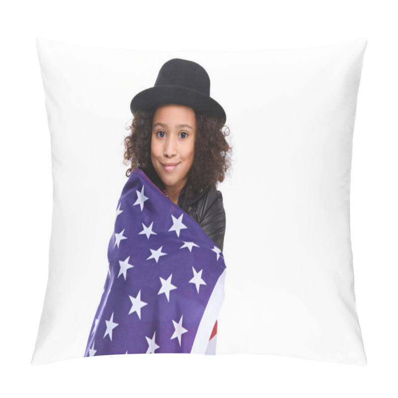 Personality  Beautiful Little Child In Hat Covered In Usa Flag Isolated On White Pillow Covers