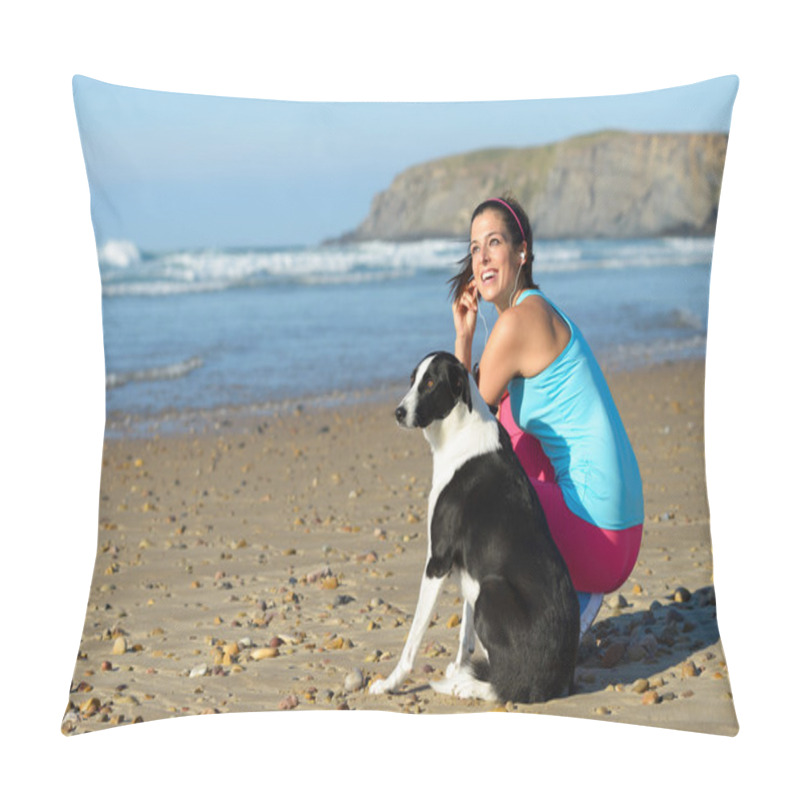 Personality  Sporty Woman And Dog On Beach Pillow Covers