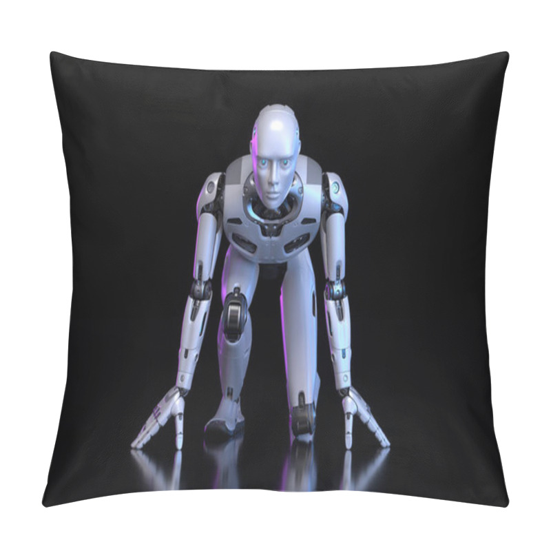 Personality  Robot Standing In Start Position On A Dark Background. 3D Illustration Pillow Covers