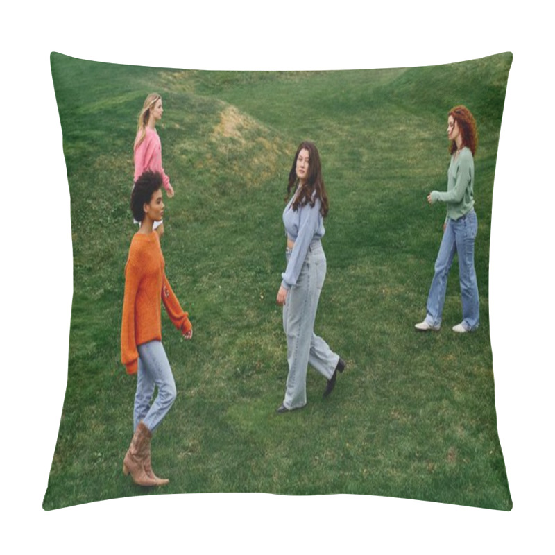 Personality  Four Fashionable Women Confidently Stroll Through A Lush Green Park, Embracing Springs Beauty. Pillow Covers