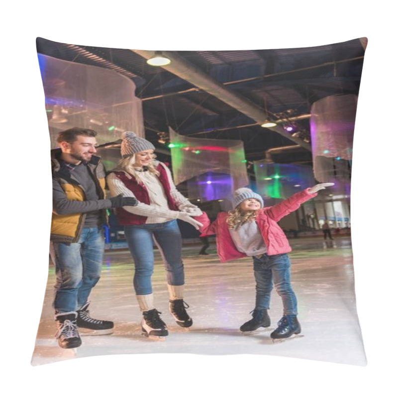 Personality  Happy Young Family With One Child Skating Together On Rink  Pillow Covers