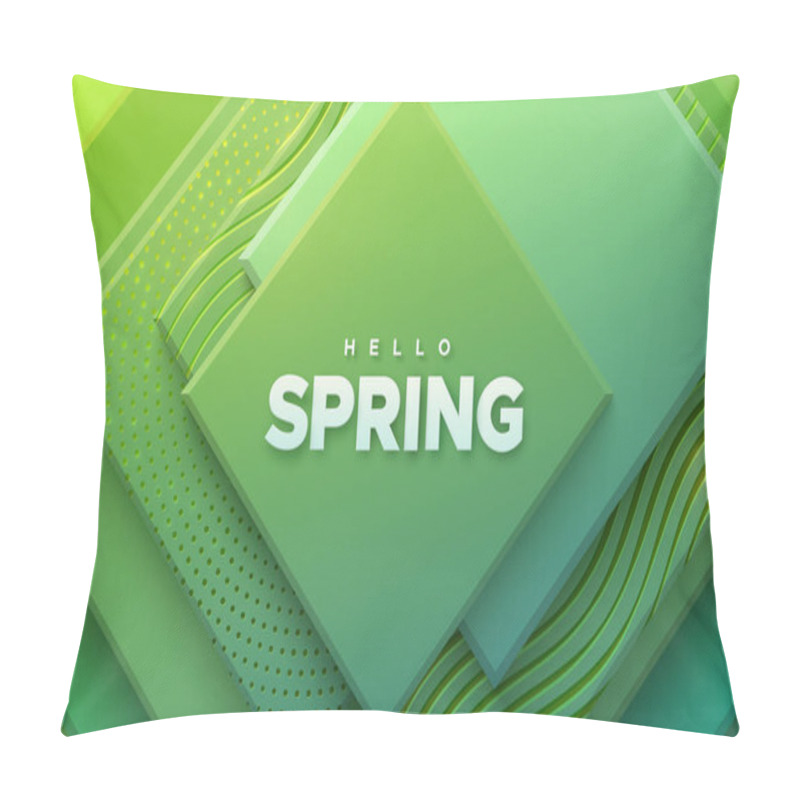 Personality  Hello Spring. Modern Cover Design. Vector Seasonal Illustration. Abstract Background With Green Geometric Planes Textured With Golden Patterns. Architectural Composition With Square Shapes Pillow Covers