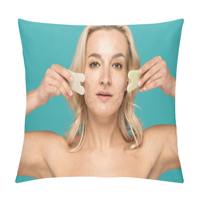 Personality  Blonde Woman With Blemishes Using Face Scrapers Isolated On Turquoise Pillow Covers