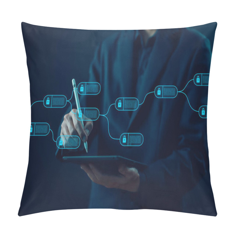 Personality  Concept Cyber Security Financial, Cryptocurrency Digital. Blockchain Technology Ledger Data Algorithm Linked Together In A Chain. The System Payments And Transactions To Secure Business Networks. Pillow Covers