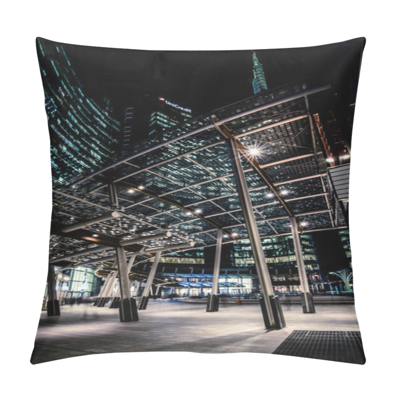 Personality  MILAN, ITALY - FEBRUARY 04,2016: Milan Porta Garibaldi District. The Unicredit Bank Skyscraper And Piazza Gae Aulenti.Night Scene. Pillow Covers