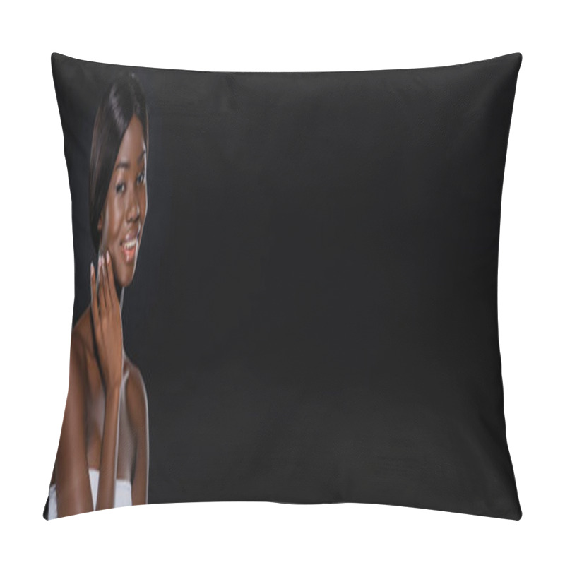 Personality  African American Woman With Hand Near Face Looking Art Camera Isolated On Black, Panoramic Shot Pillow Covers