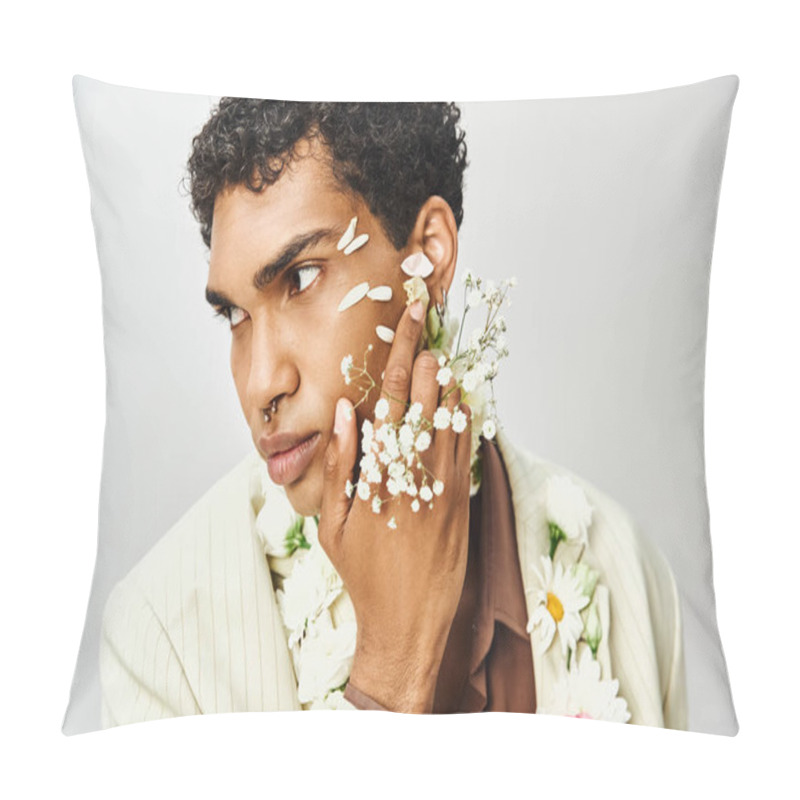 Personality  A Young African American Man Poses With Flowers On His Face And Neck, Showcasing Beauty And Diversity. Pillow Covers