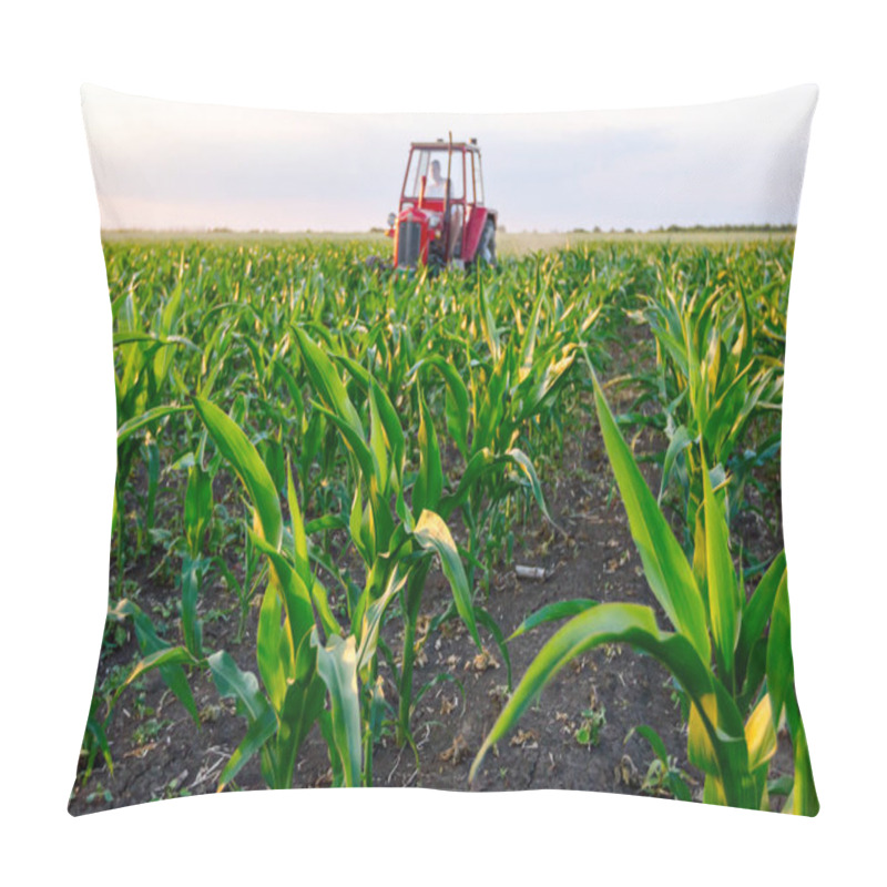 Personality  Farmers With Tractor Are Cultivating Field With Young Corn By Dragging Plow Machine Among Rows.  Pillow Covers