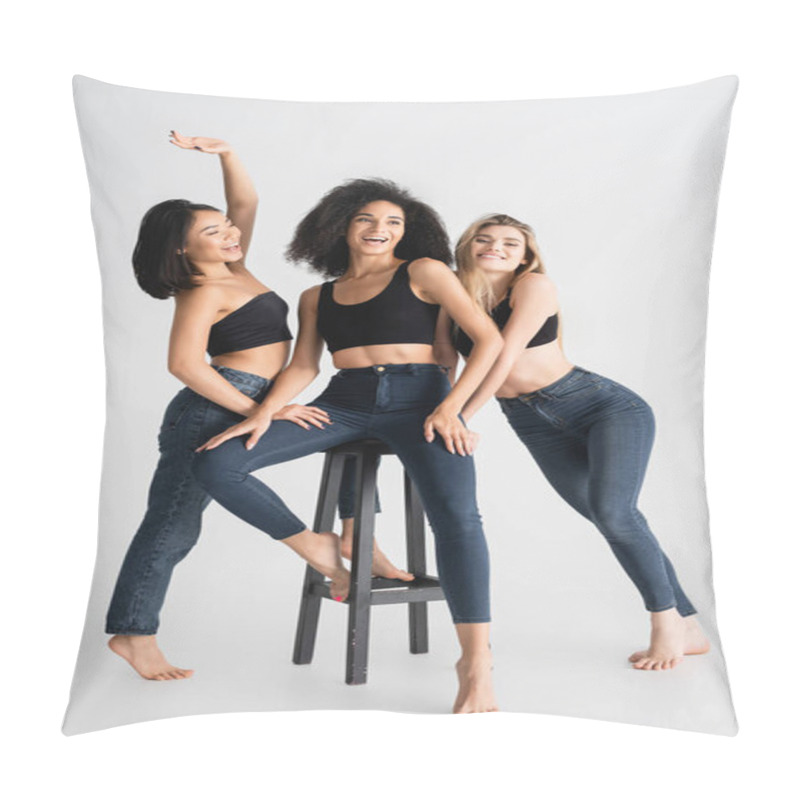 Personality  Happy Interracial Women In Denim Jeans Posing Near Stool On White Pillow Covers