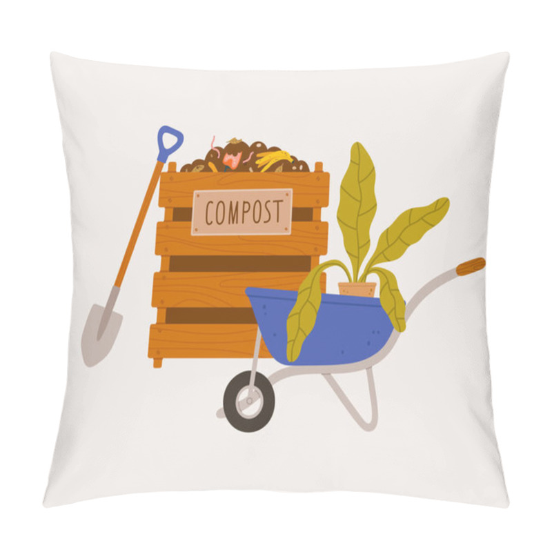 Personality  Compost Bin, Flower Pot, Shovel, Houseplant, Wheelbarrow. Concept Of Eco Gardening, Tools For Growing Plants, Houseplants, Composting. Compost Cycle. Pillow Covers