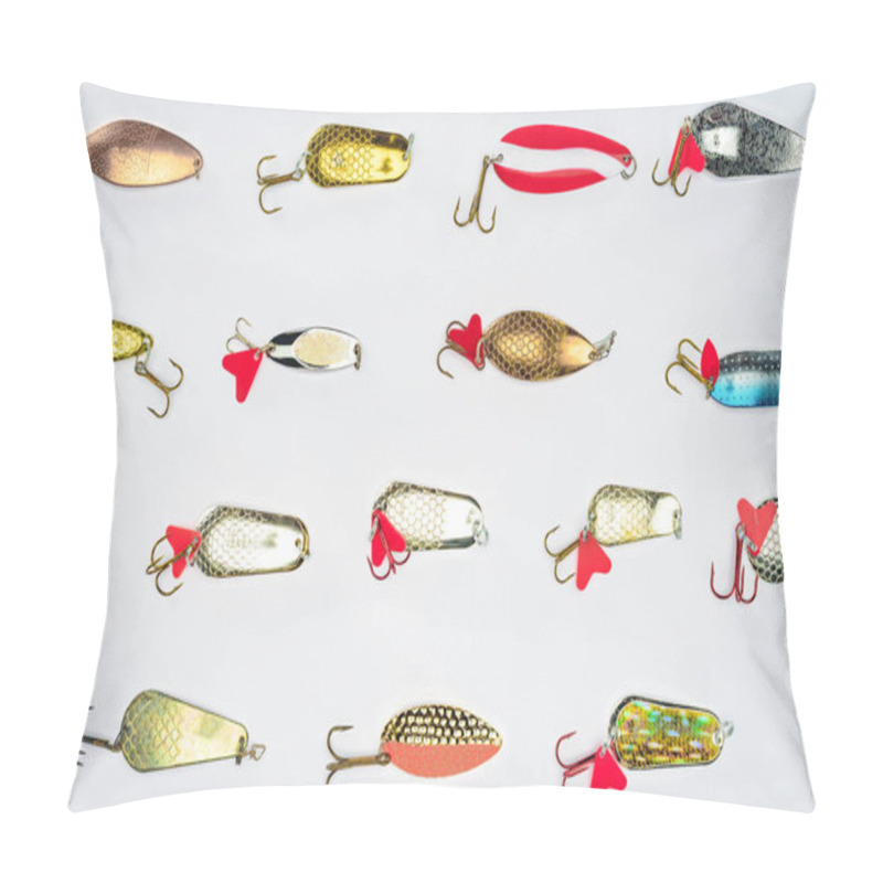 Personality  Top View Of Arranged Various Fishing Bait Isolated On White  Pillow Covers