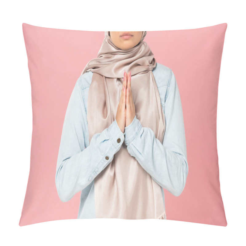 Personality  Cropped View Of Muslim Girl In Hijab Praying, Isolated On Pink Pillow Covers