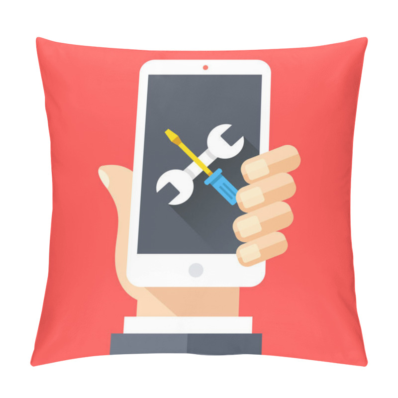 Personality  Wrench And Screwdriver Icon On Smartphone Screen. Hand Holding Smartphone. Fix, Maintenance, Mobile Phone Repair Service Concept. Flat Design Vector Illustration Pillow Covers