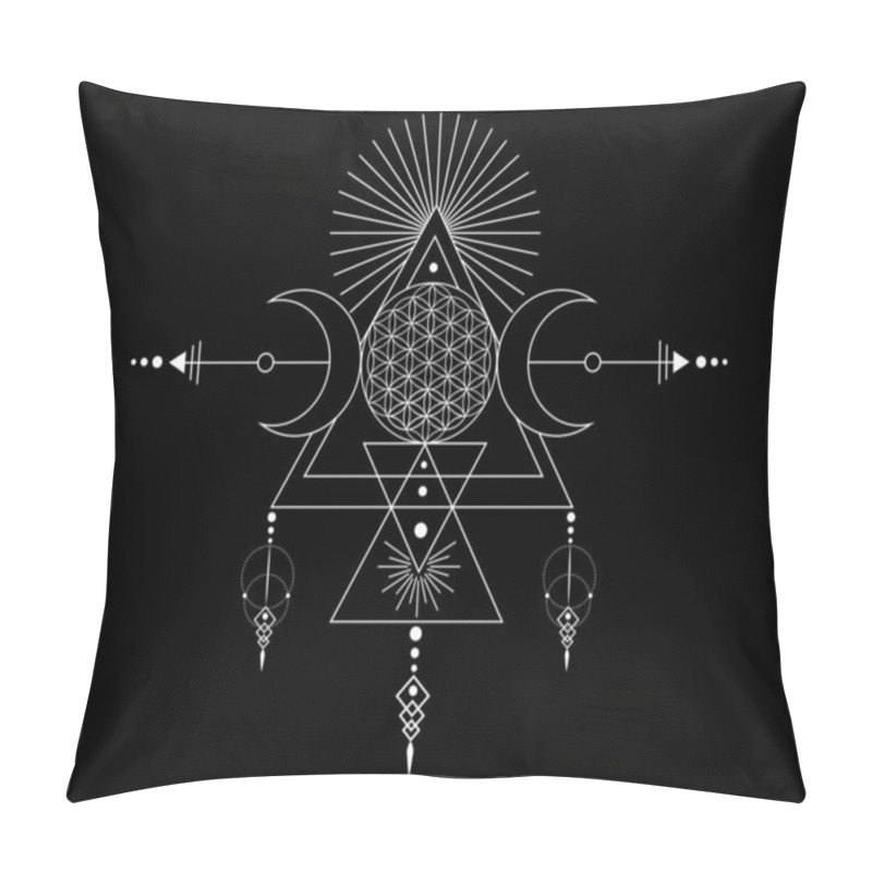 Personality  Triple Goddess And Flower Of Life, Sacred Geometry, Tribal Triangles, Moon Phases In Shaman Boho Style. Tattoo, Astrology, Alchemy, And Magic Symbols. Vector Isolated On Black Background  Pillow Covers