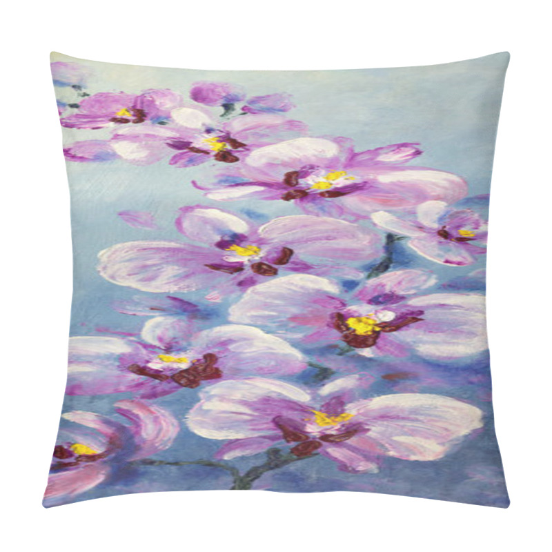 Personality  Elegant Gouache Brushstrokes Summer Design. Bright Rose Romantic Hand Drawn Acrylic Etude On Light Blue Paper Sketchy In Retro Spot Style. Delicate Big Vibrant Lilac Color Paint Aloha Orchidea Bush Pillow Covers