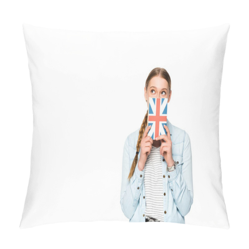 Personality  Pretty Girl With Obscure Face Holding Book With Uk Flag Isolated On White Pillow Covers