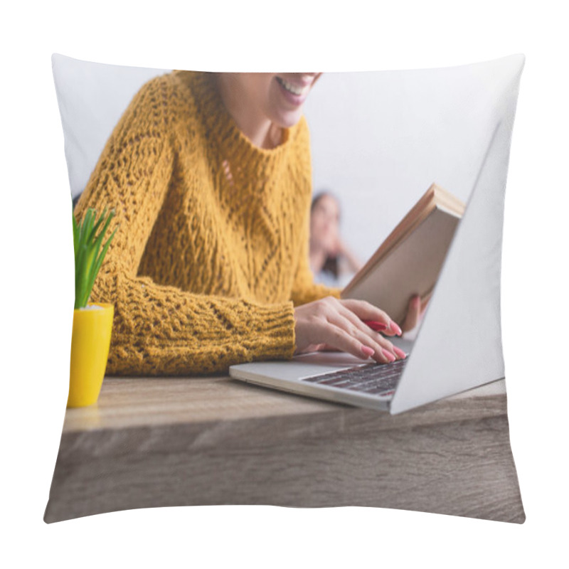 Personality  Cropped View Of Cheerful Teenage Girl Typing On Laptop Keyboard And Holding Book Pillow Covers