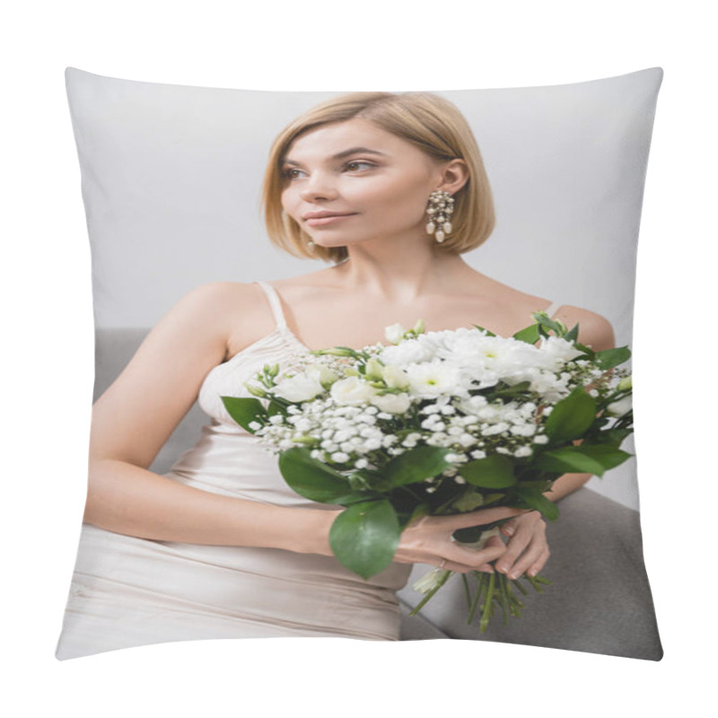 Personality  Special Occasion, Beautiful And Blonde Bride In Wedding Dress Sitting In Armchair And Holding Bouquet On Grey Background, White Flowers, Bridal Accessories, Feminine, Blissful  Pillow Covers