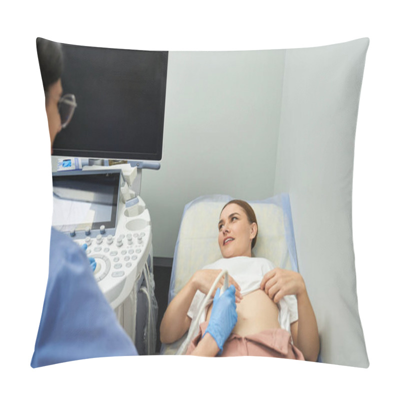 Personality  A Gynecologist In A Lab Coat Performs An Ultrasound On A Female Patient In A Healthcare Setting. Pillow Covers