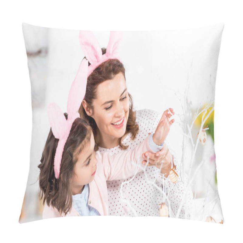 Personality  Joyful Mother And Daughter In Bunny Ears Decorating Easter Tree Together Pillow Covers