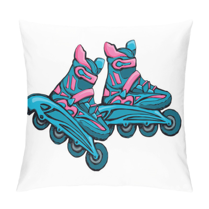 Personality  New Turquoise Rollerblade Brake Race Casters Inline Design On White Rink Road Backdrop. Vibrant Teal Color Hand Drawn Rollerskate Object Logo Emblem In Retro Art Cartoon Style. Closeup View With Space For Text Pillow Covers