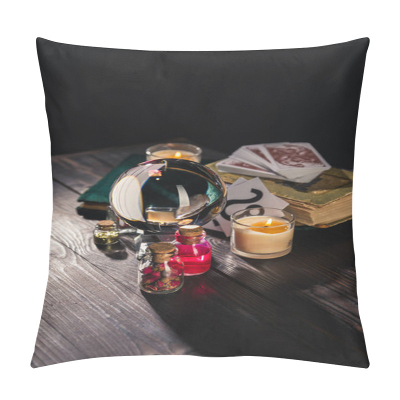 Personality  KYIV, UKRAINE - JANUARY 9, 2020: Selective Focus Of Crystal Ball, Candles And Occult Objects On Wooden And Black Background Pillow Covers