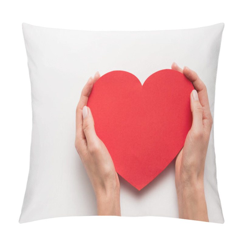 Personality  Cropped View Of Woman Holding Red Heart Shape Paper Cut On White  Pillow Covers