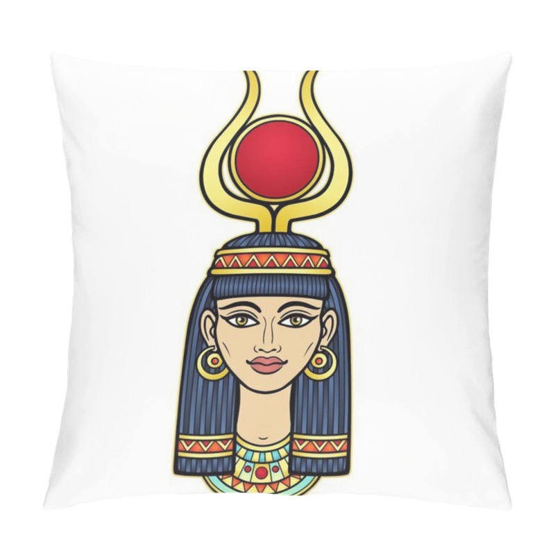 Personality  Animation Portrait Of Beautiful Egyptian Woman In Ancient Hairstyle, With Horns And A Of Disk On Her Head. Goddess Isis. Vector Illustration Isolated On A White Background. Print, Poster, T-shirt Pillow Covers