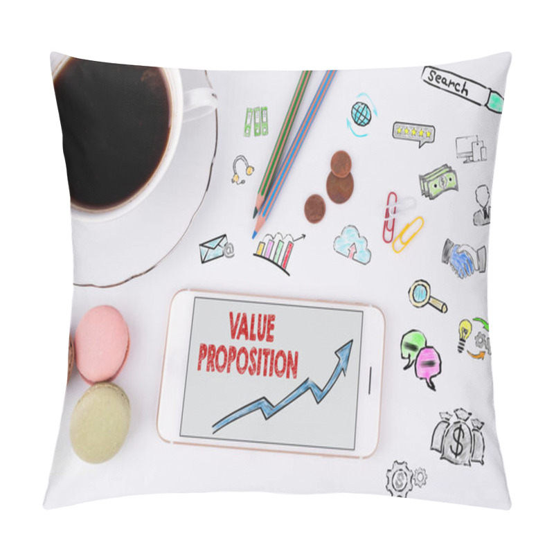 Personality  Value Proposition, Business Concept. Mobile Phone And Coffee Cup On A White Office Desk Pillow Covers