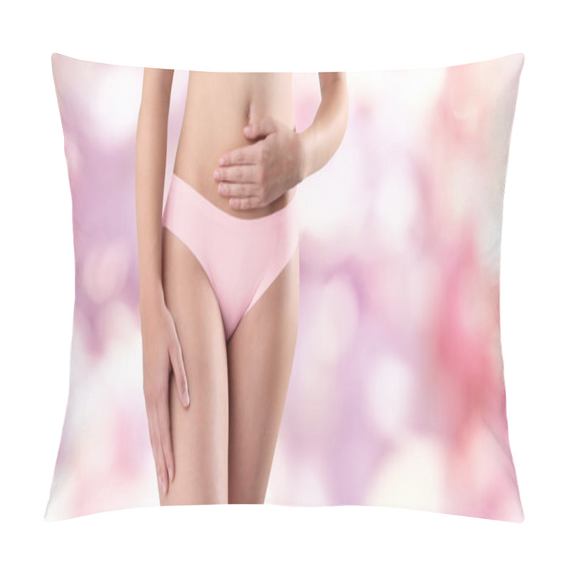 Personality  Woman Hands On Belly, Pink Background Pillow Covers