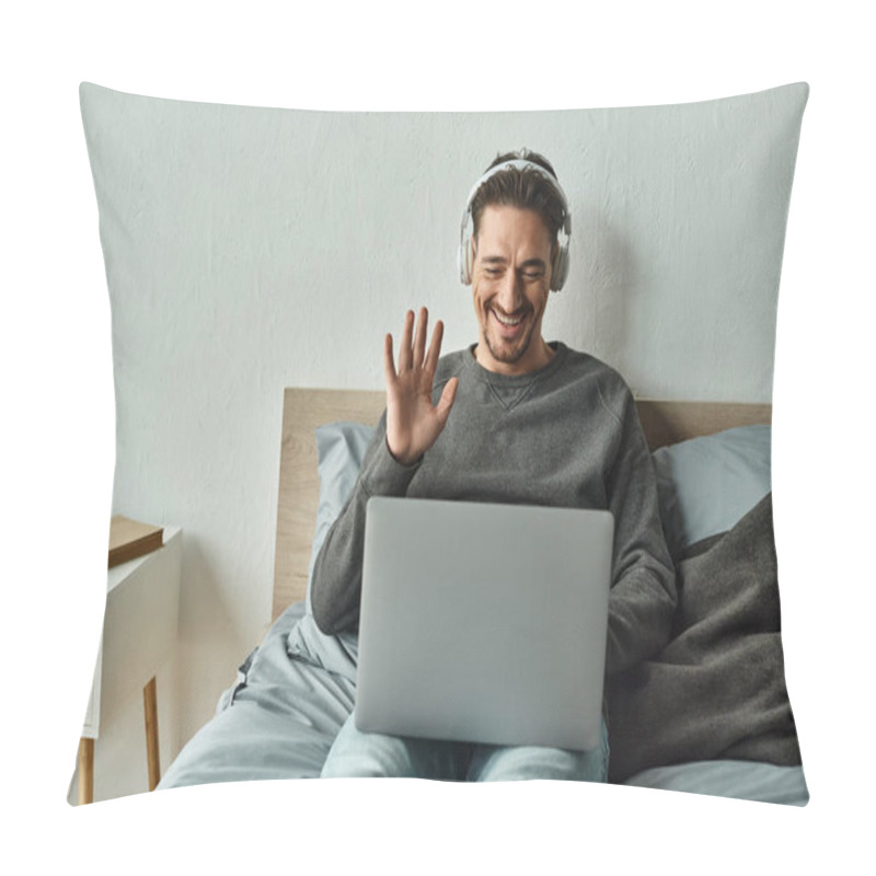 Personality  Cheerful Man In Wireless Headphones Using Laptop While Waving Hand During Video Call, Freelance Pillow Covers