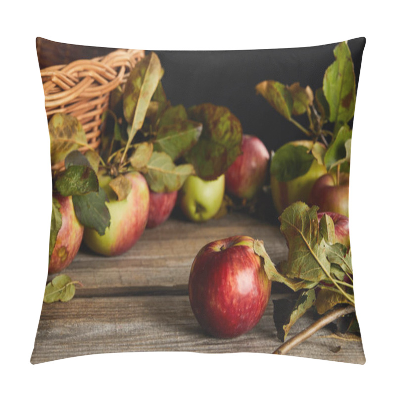 Personality  Wooden Surface With Apples And Leaves Near Wicker Basket Isolated On Black Pillow Covers