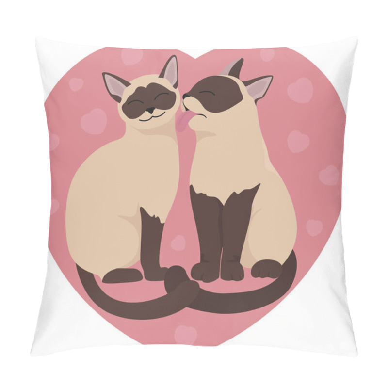 Personality  Two Siamese Cats, Pink Heart. Valentine`s Day Design. Vector Ill Pillow Covers