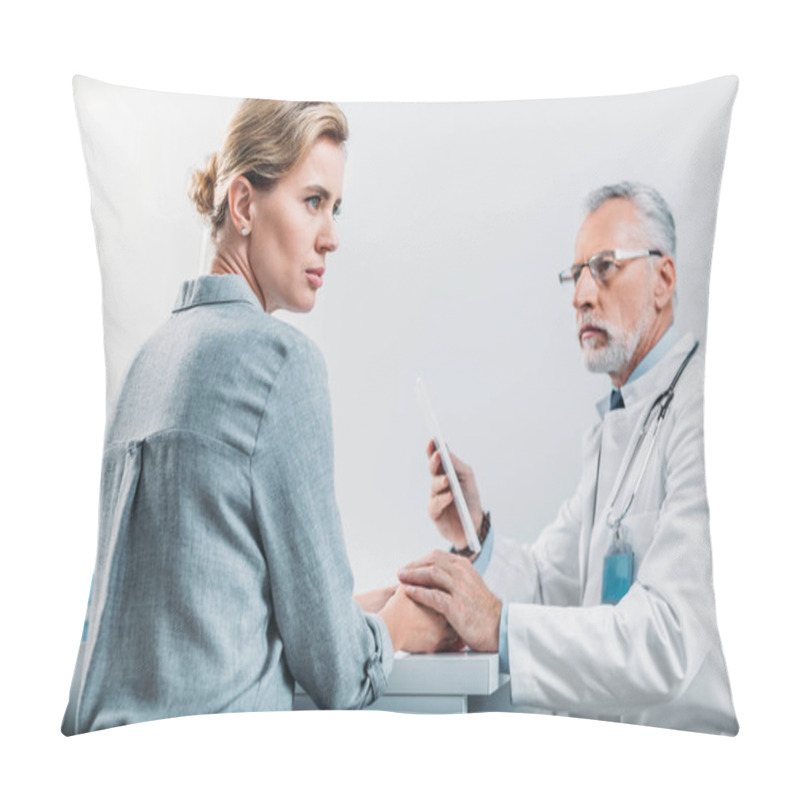 Personality  Serious Male Doctor With Digital Tablet Cheering Up And Holdings Hands Of Upset Female Patient At Table In Office Pillow Covers