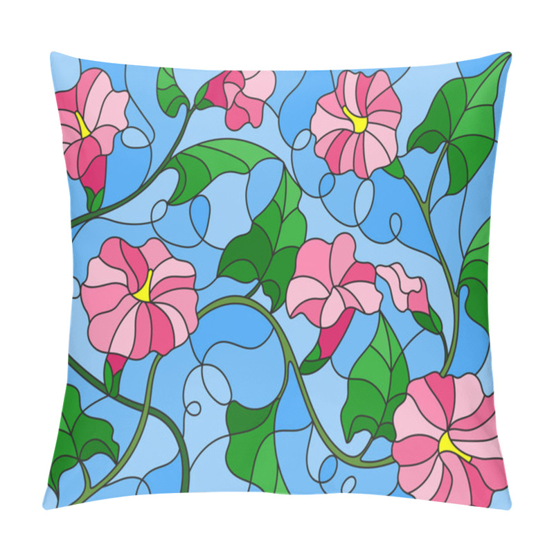 Personality  Illustration In Stained Glass Style Flowers Loach, Pink Flowers And Leaves On Blue  Background Pillow Covers