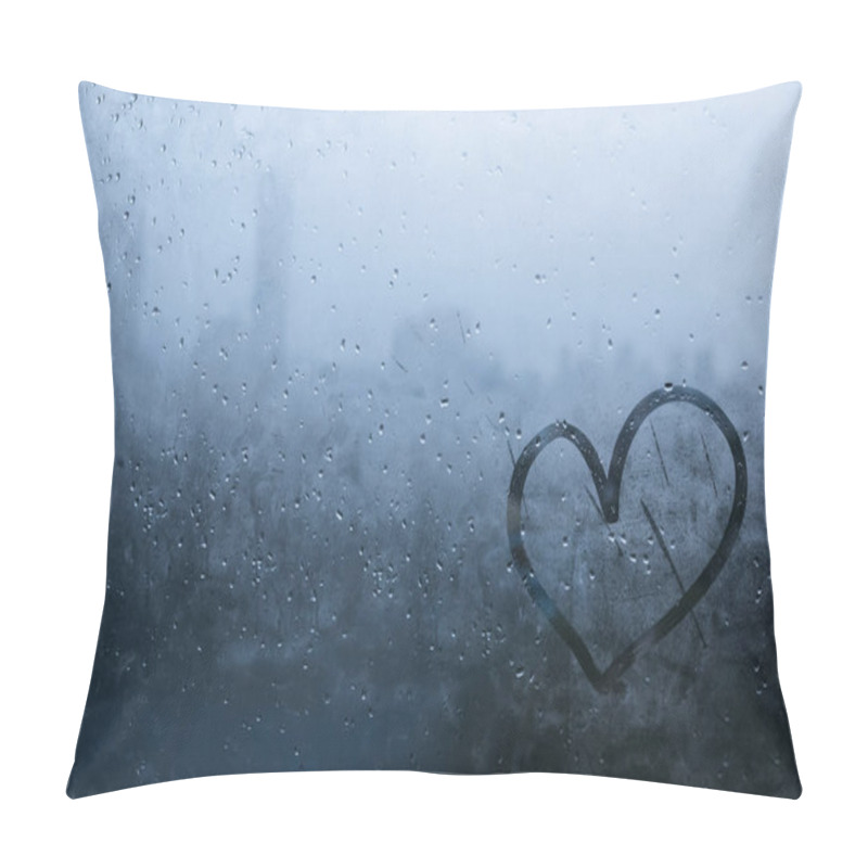 Personality  Heart Painted On Window Which Fogged Up With Blurred City Background. Pillow Covers