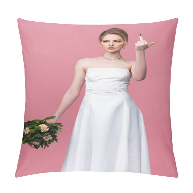 Personality  Displeased Bride In White Wedding Dress Holding Flowers And Showing Middle Finger Isolated On Pink  Pillow Covers