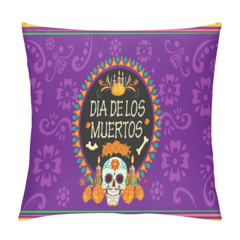 Personality  Day Of The Dead Dia De Los Muertos Mexican Holiday Banner With Vector Skull And Marigolds. Mexico Halloween Altar Offerings In Ethnic Pattern Frame. Cartoon Sugar Skull, Flowers, Candles And Bread Pillow Covers