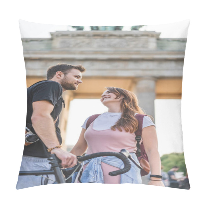 Personality  Low Angle View Of Travelers With Backpacks And Bicycle In Front Of Brandenburg Gate, Berlin, Germany  Pillow Covers