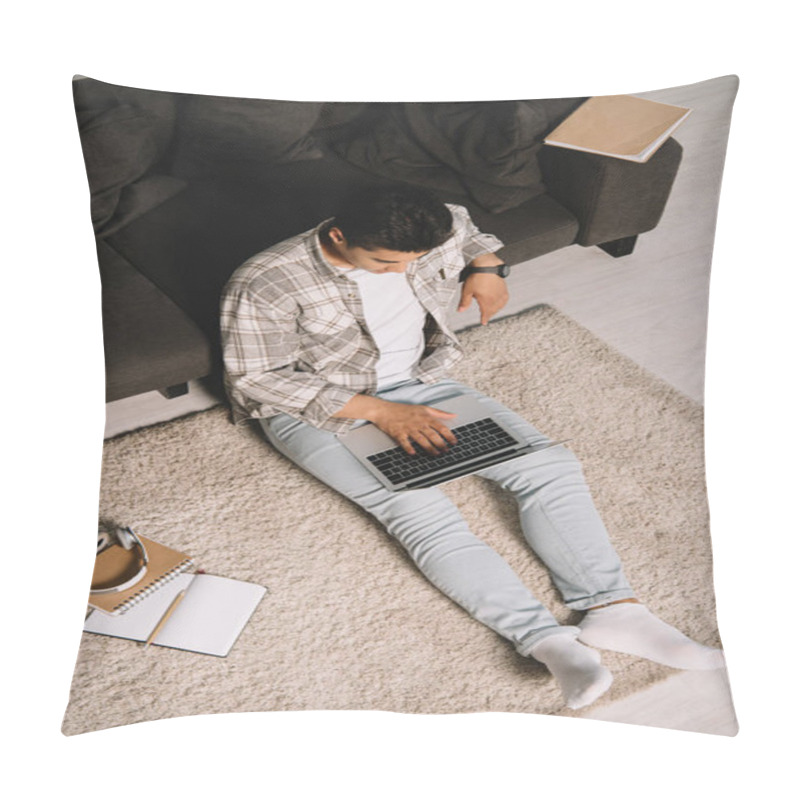 Personality  Overhead View Of Young Man Sitting On Floor Near Couch And Using Laptop At Home Pillow Covers