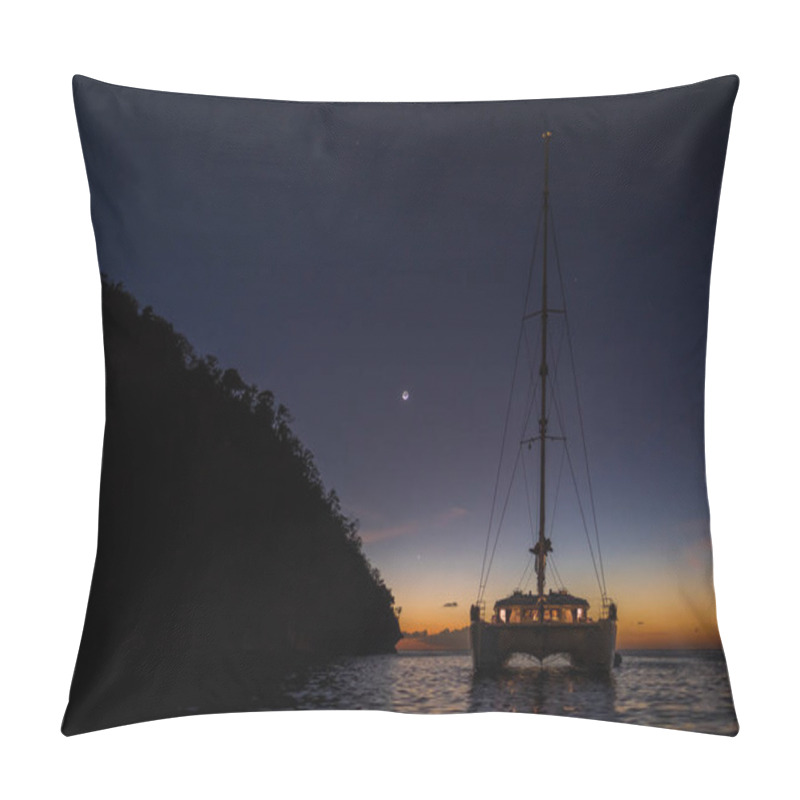 Personality  Dark Night View On Sailing Boat Anchored On Open Sea With Black Silhouette Of Island Pillow Covers