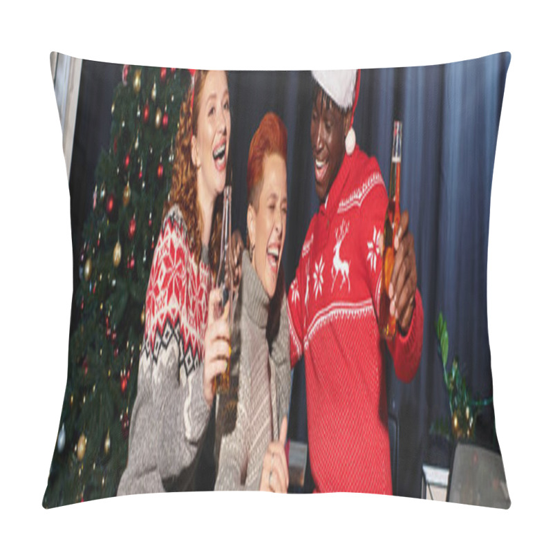 Personality  Three Young Coworkers Enjoy A Joyful Christmas Celebration With Drinks And Fun In The Office. Pillow Covers