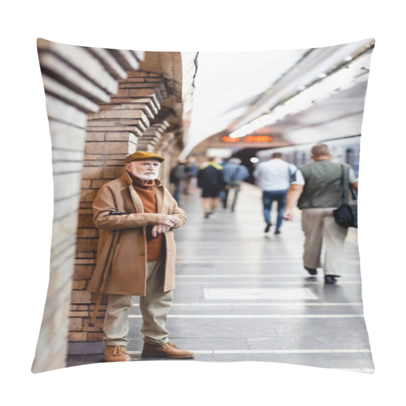 Personality  Aged Man In Autumn Outfit Standing Near People And Train On Metro Platform On Blurred Foreground Pillow Covers